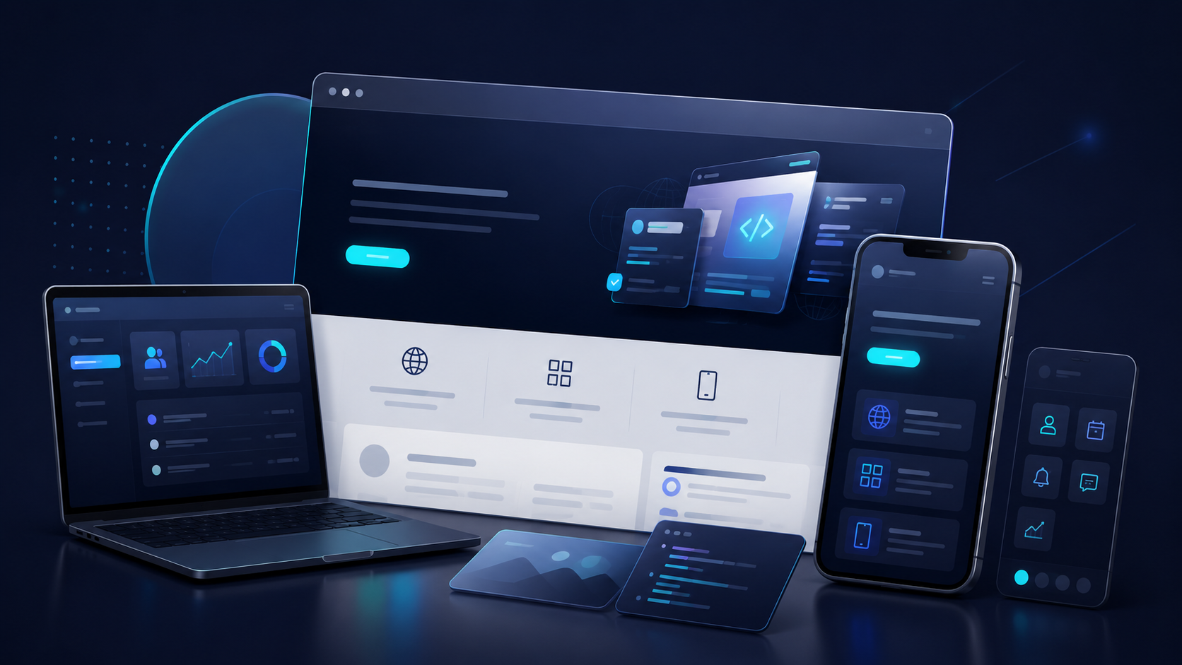 Ilustração de interfaces de sites, sistemas e dispositivos conectados