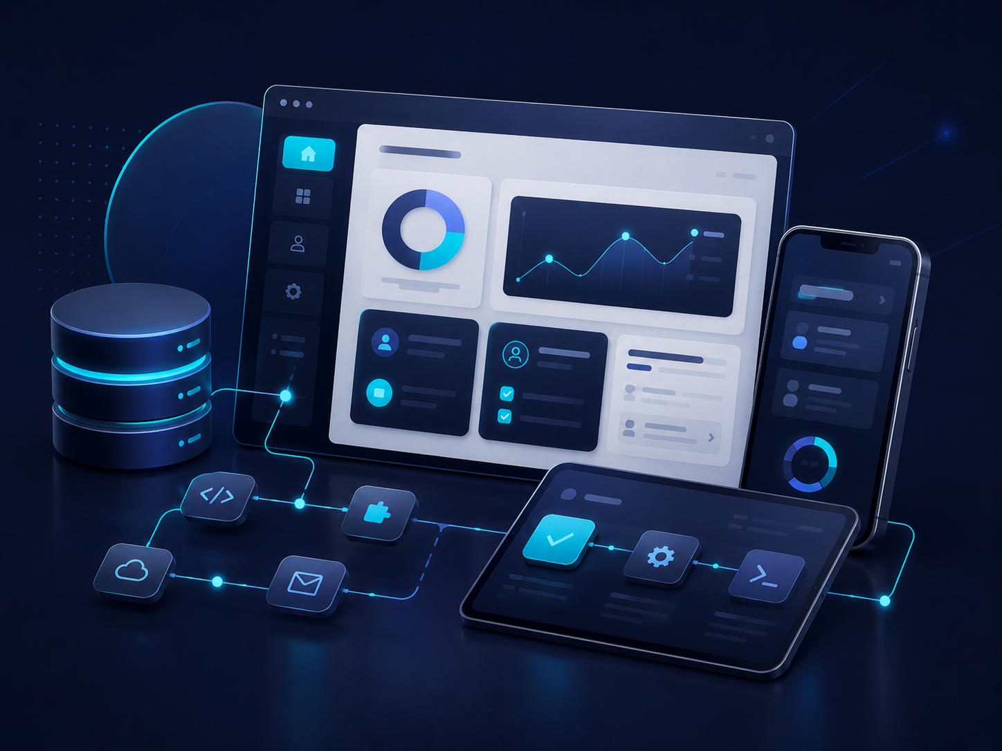 Ilustração de dashboards, automações e sistemas web